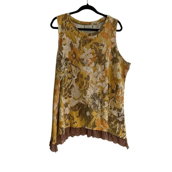 LOGO LOUNGE Lori Goldstein 2X Yellow Floral Knit Asymmetric Lace Hem Tunic Tank - Picture 1 of 9